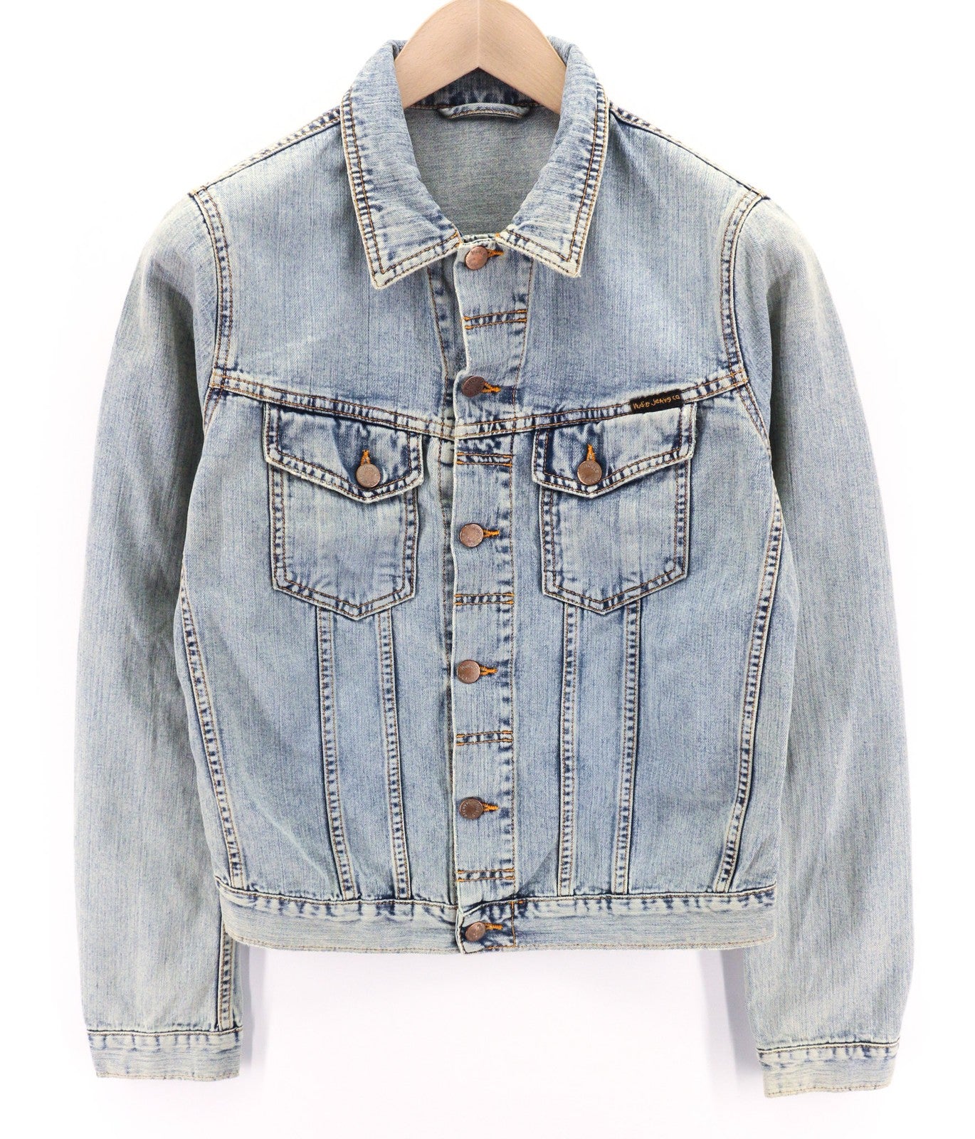 NUDIE JEANS Terry vyriška striukė S, džinsinio audinio, balintos mėlynos spalvos, su medvilnės sagomis. 