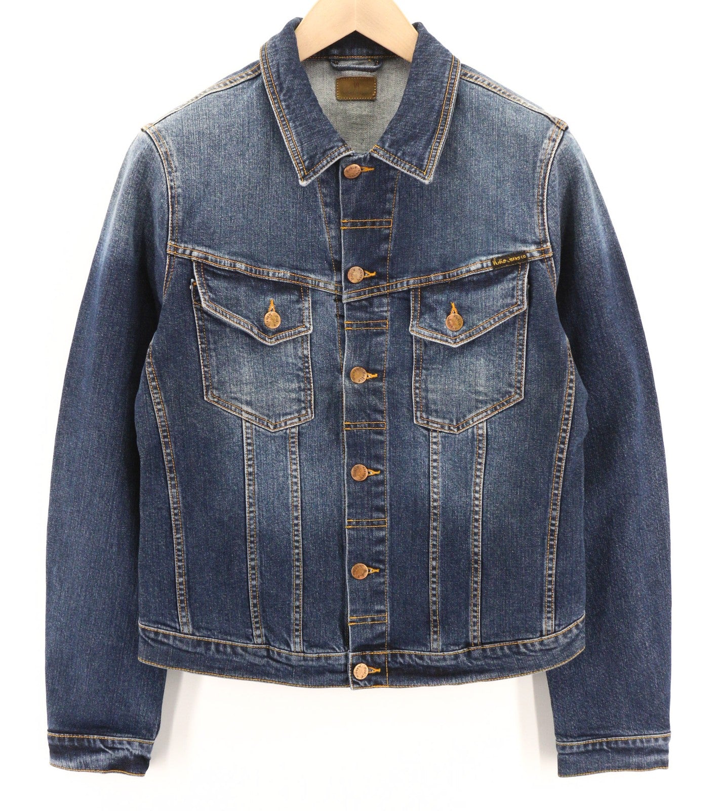 NUDIE JEANS Perry Org. Puikios mėlynos vyriškos striukės, M, džinsinio audinio, tamprios mėlynos spalvos 