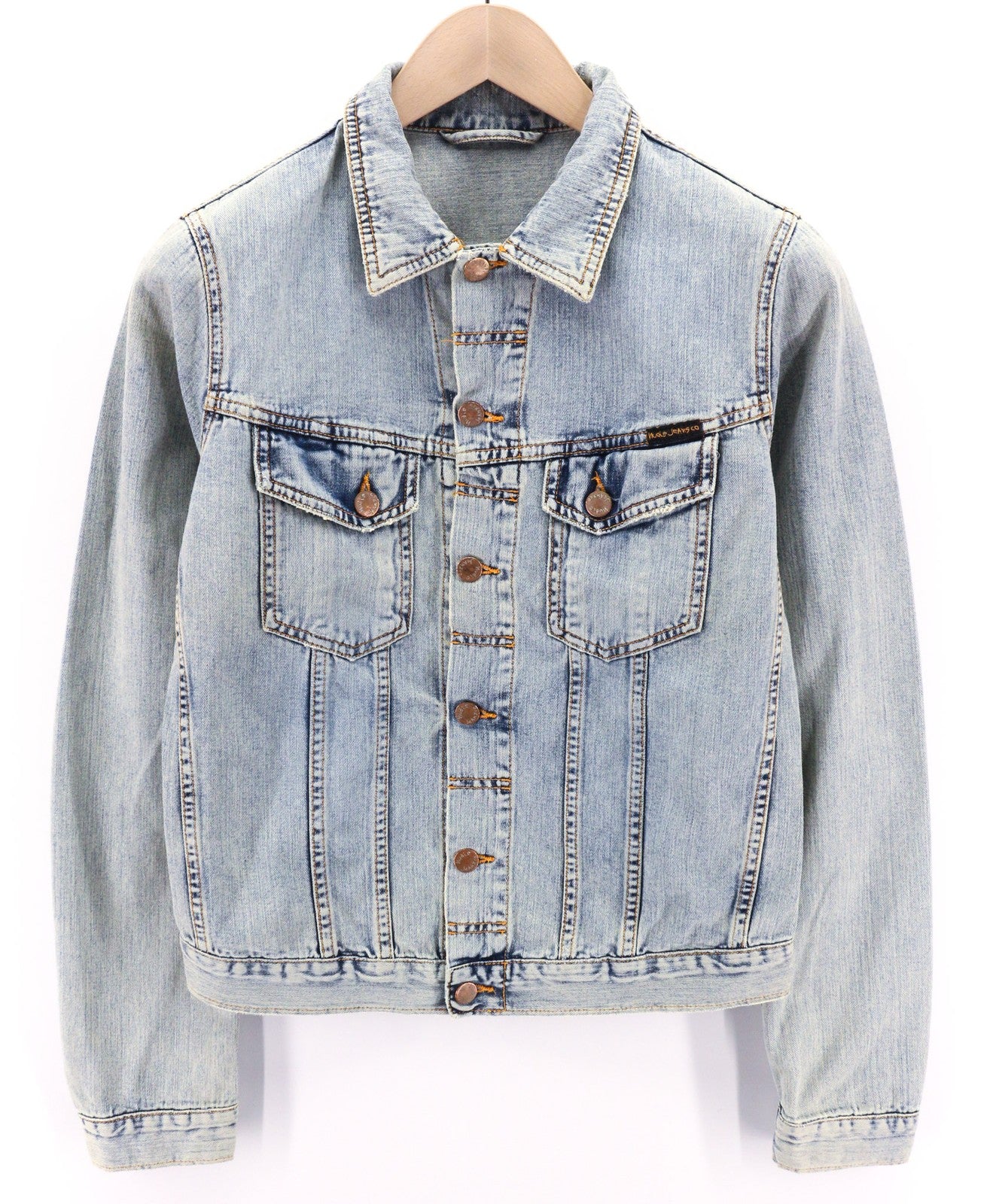 NUDIE JEANS Terry Men Jacket S Denim Bleach Washed Spread Neck Cotton Buttoned