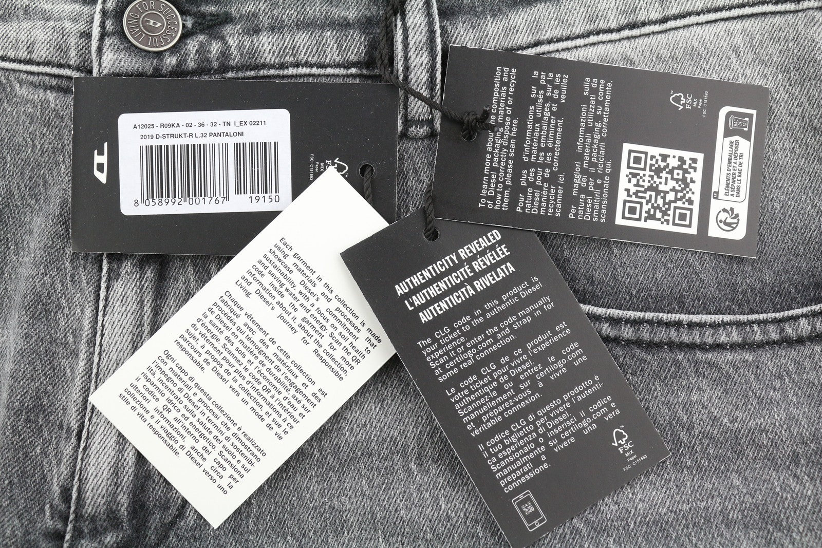 DIESEL 2019 D-Strukt R09KA vyriški džinsai W36/L32 pilki su skalbtais plonais užtrauktukais, rekomenduojama kaina – 225 € 