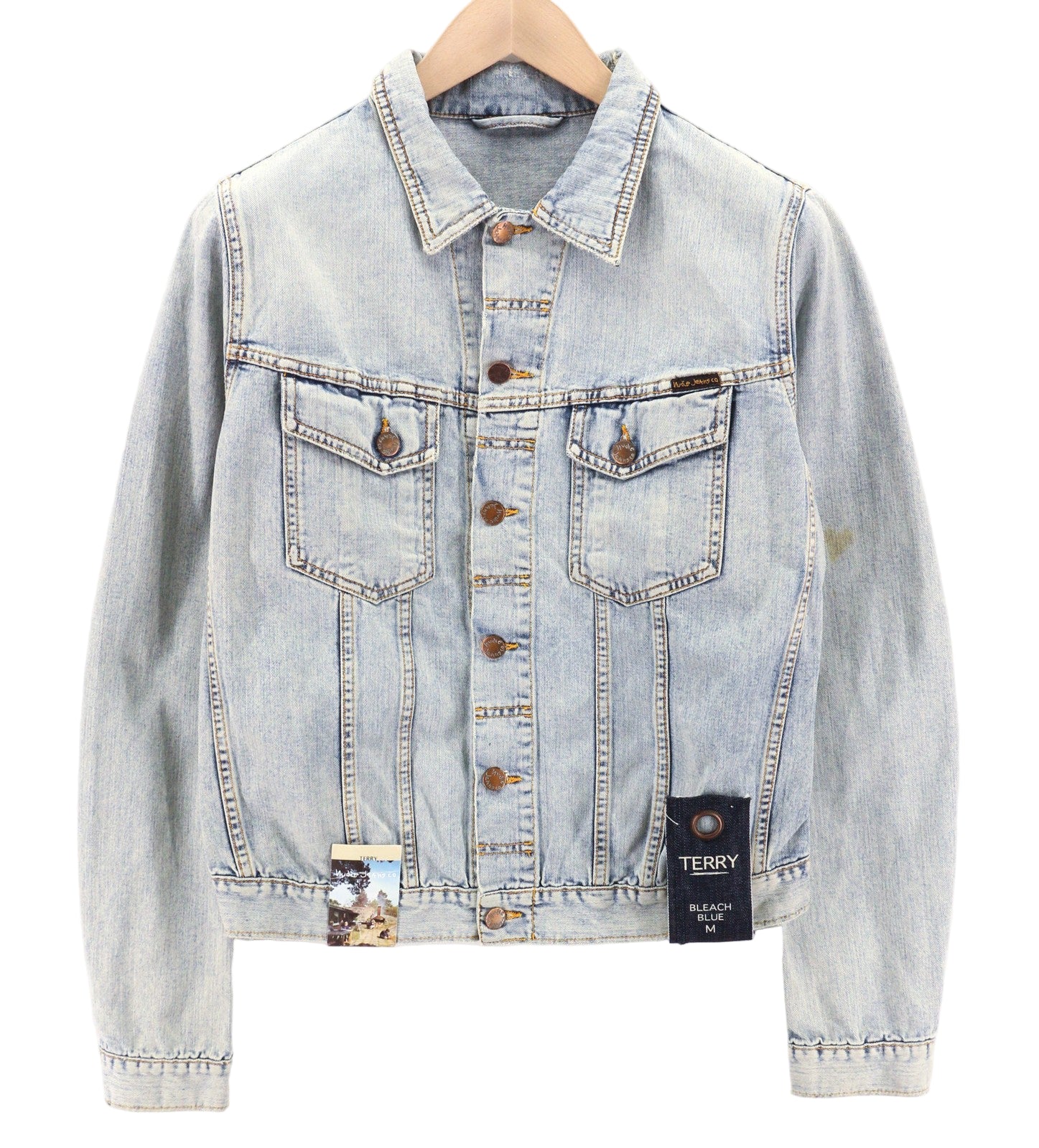 NUDIE JEANS Terry vyriška striukė M, džinsinio audinio, balinto audinio, plataus kaklo, su sagomis, medvilninė 