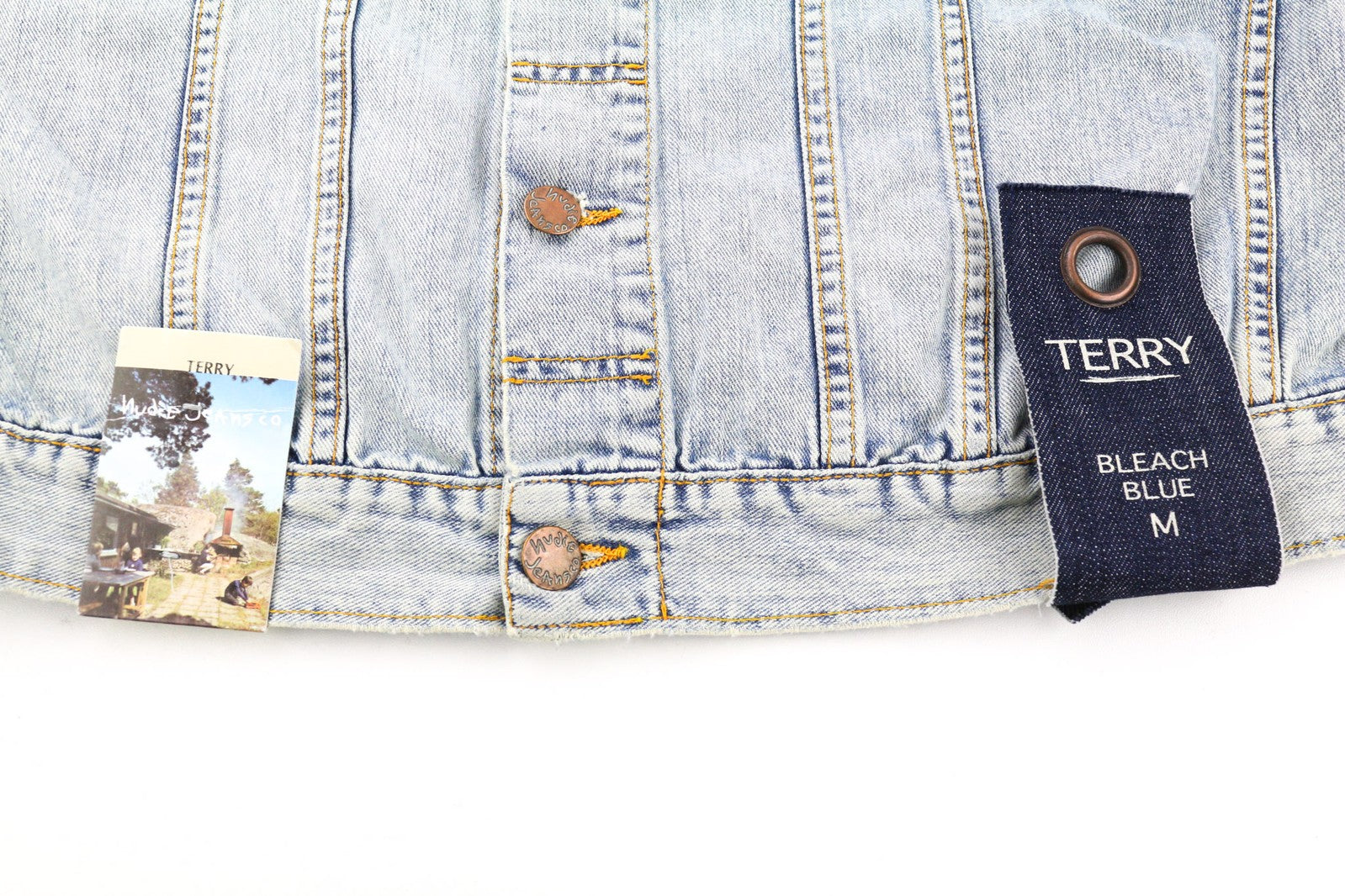 NUDIE JEANS Terry vyriška striukė M, džinsinio audinio, balinto audinio, plataus kaklo, su sagomis, medvilninė 