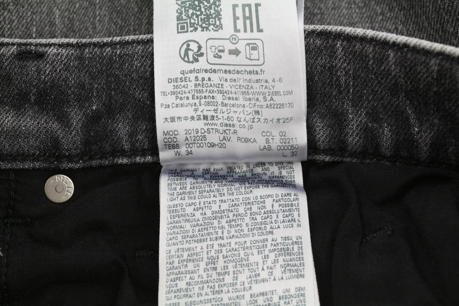DIESEL 2019 D-Strukt R09KA vyriški džinsai W34/L32 pilki su skalbtais plonais užtrauktukais, RRP225