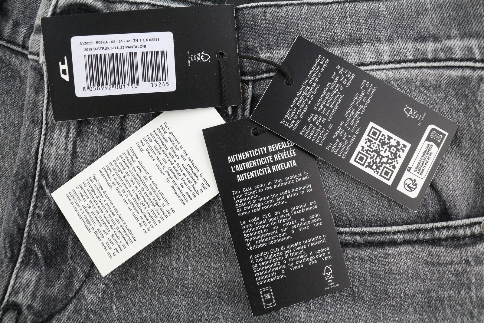 DIESEL 2019 D-Strukt R09KA vyriški džinsai W34/L32 pilki su skalbtais plonais užtrauktukais, RRP225