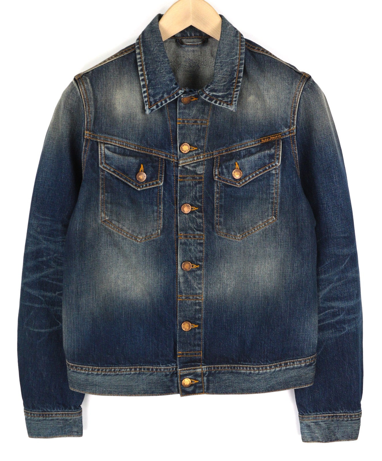 NUDIE Conny vyriška striukė S, ekologiška, su sagomis užsegama kaklu, skalbto džinso spalvos 