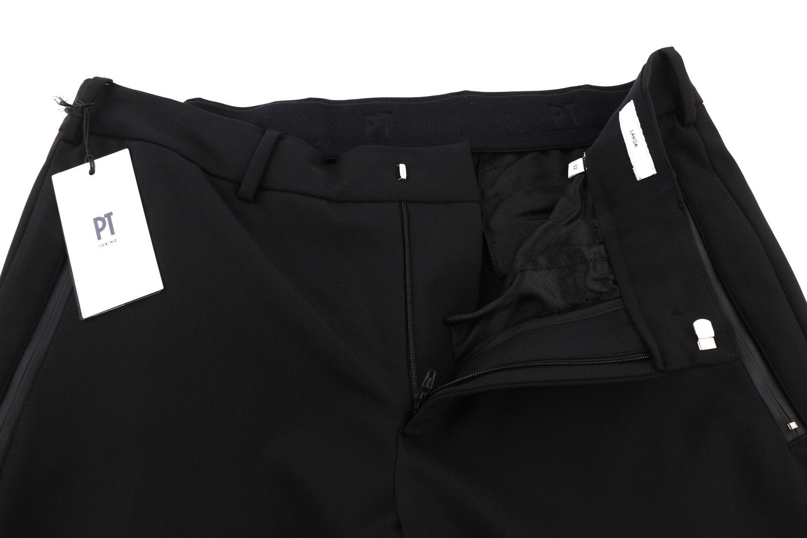 PT TORINO Lamda vyriškos kelnės 52 W33 juodos chino stiliaus, neapdailintas apvadas, plonas kirpimas, užtrauktukas 