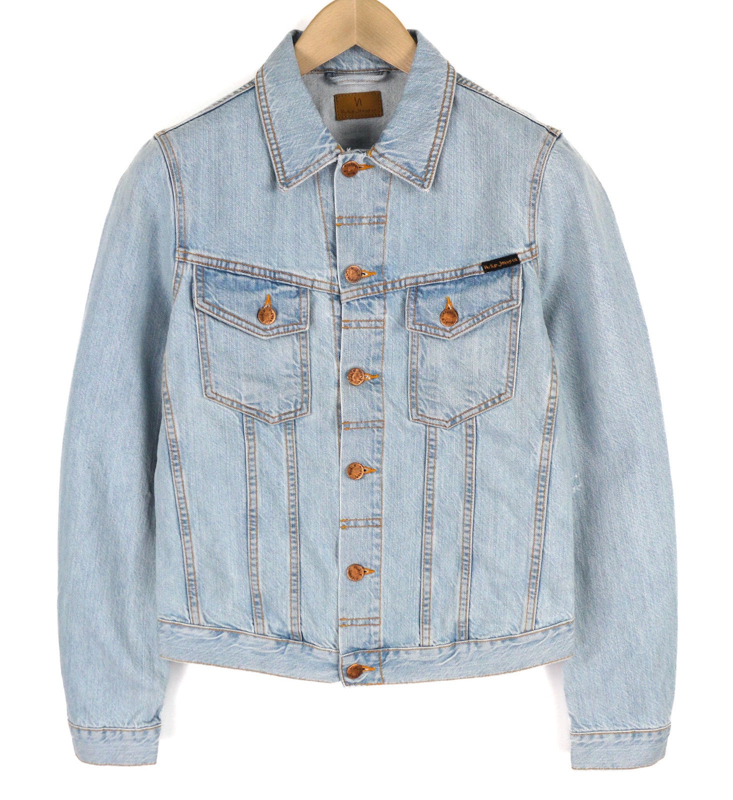 NUDIE Perry vyriška striukė S Organic Saltwater Shades sagomis užsegama džinsinio audinio logotipu 