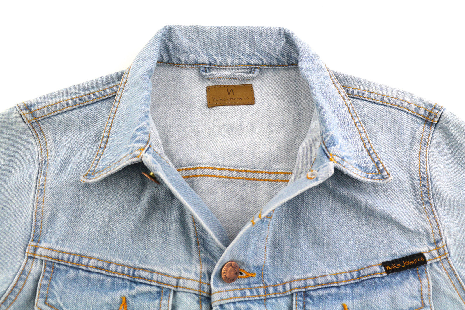 NUDIE Perry vyriška striukė S Organic Saltwater Shades sagomis užsegama džinsinio audinio logotipu 