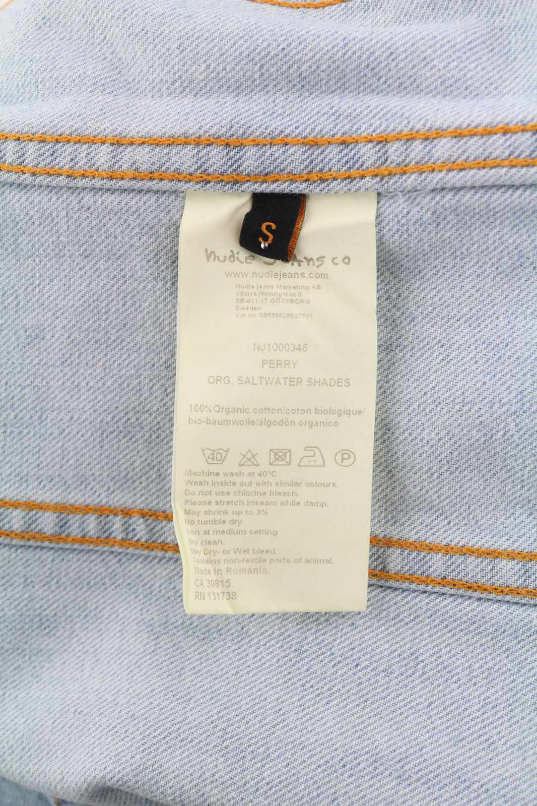 NUDIE Perry vyriška striukė S Organic Saltwater Shades sagomis užsegama džinsinio audinio logotipu 