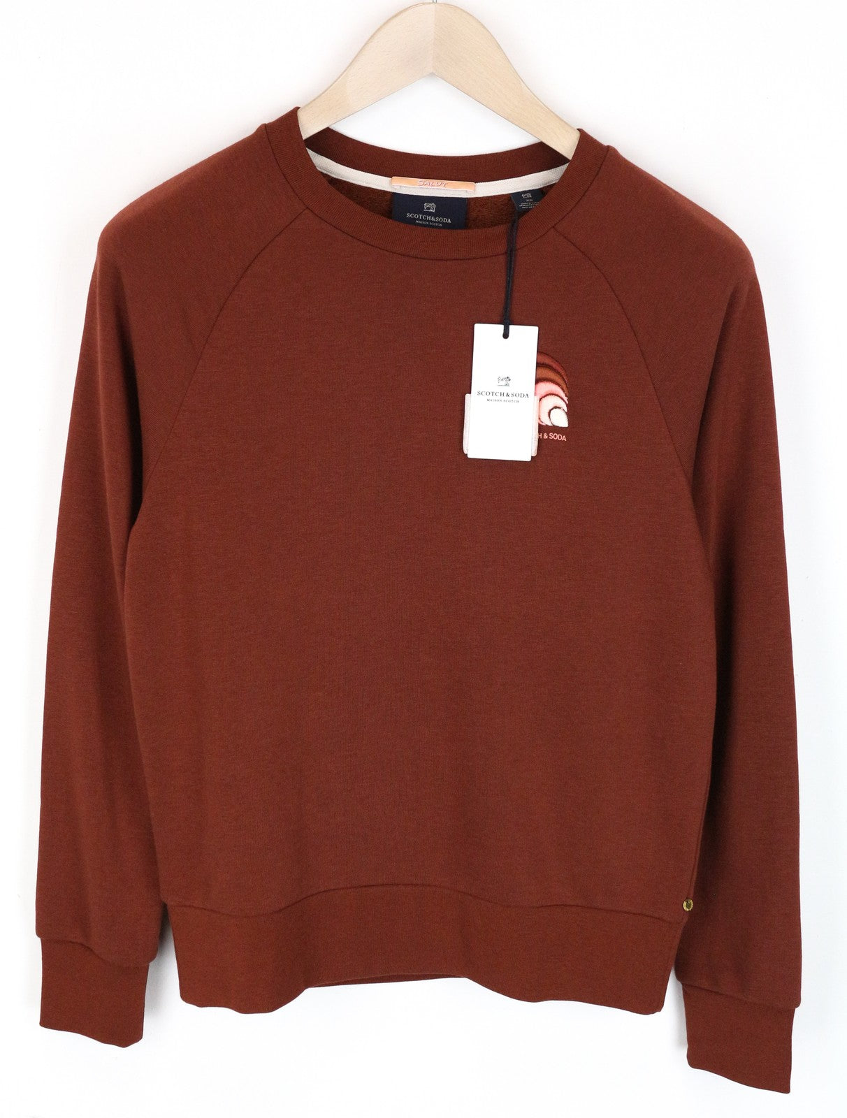 MAISON SCOTCH moteriškas rudas XS dydžio džemperis su medvilnės mišinio ilgomis rankovėmis 