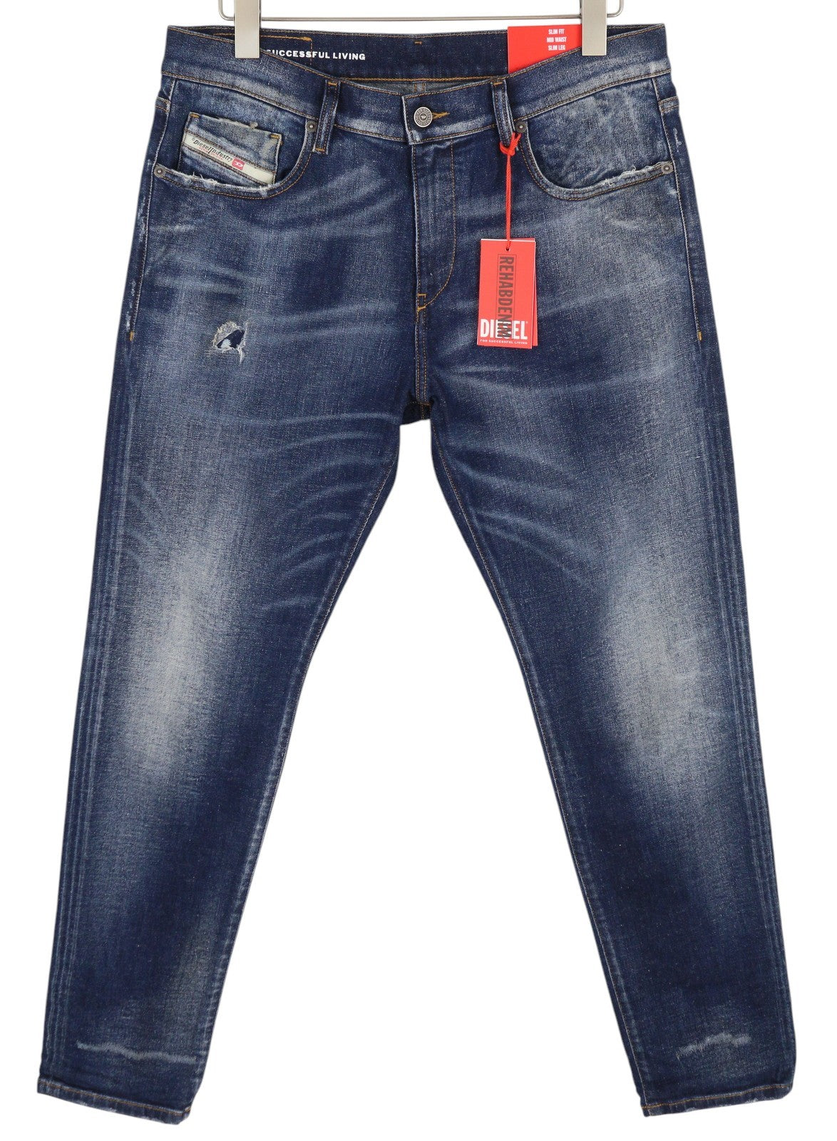 DIESEL 2019 D-Strukt 09G89 vyriški džinsai W32/L30 Slim Fit, skalbtos mėlynos spalvos, plėšyti, RRP 325 € 