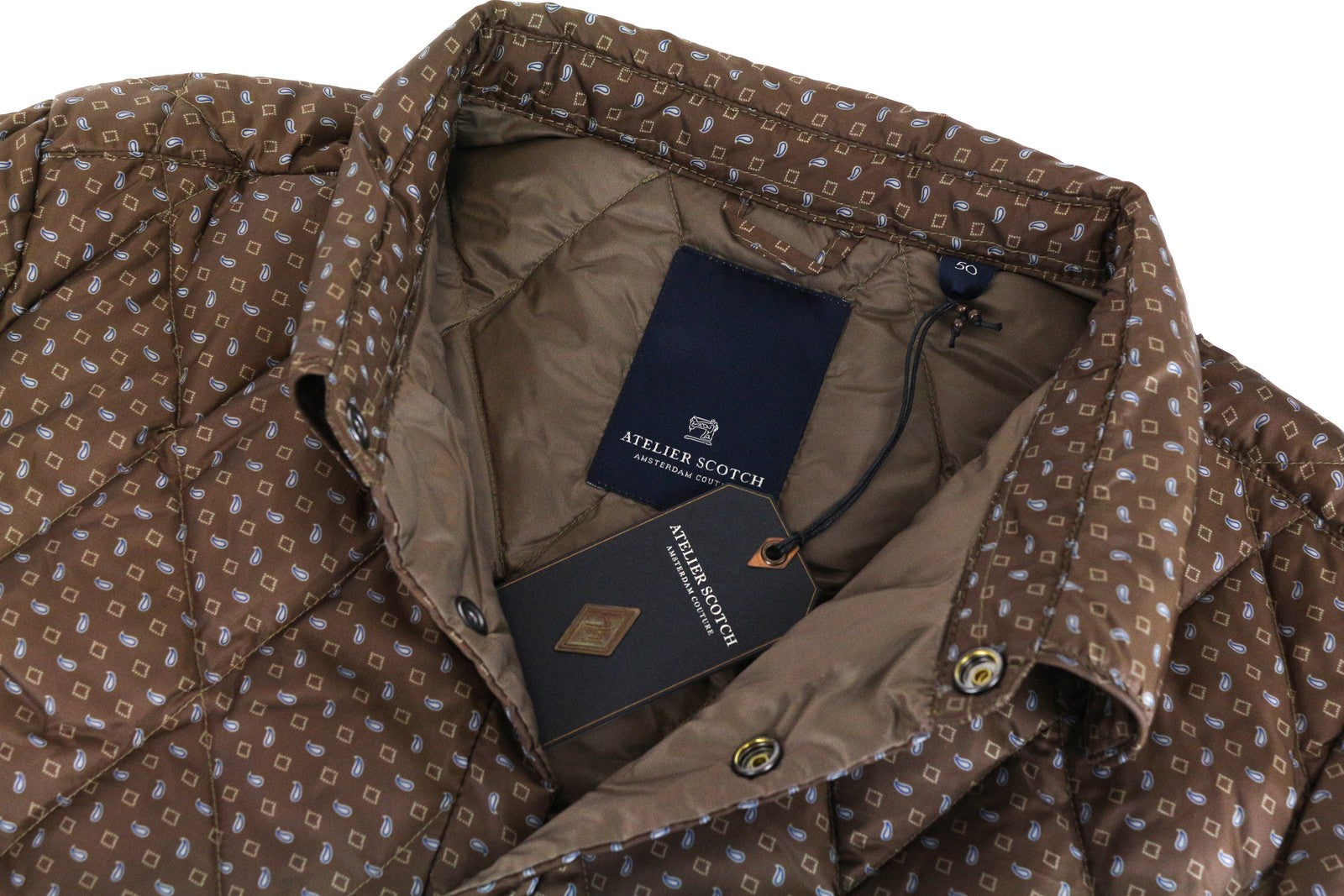 SCOTCH &amp; SODA dygsniuota ruda vyriška striukė su 50 Ams Atelier apykaklės užsegimais ir raštu 