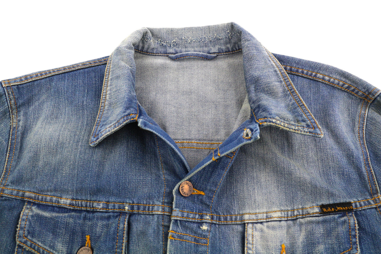 NUDIE Perry vyriška striukė 2XL, ekologiška, ryškiai laužyta, vidutinės mėlynos spalvos, skalbto džinso su sagomis 