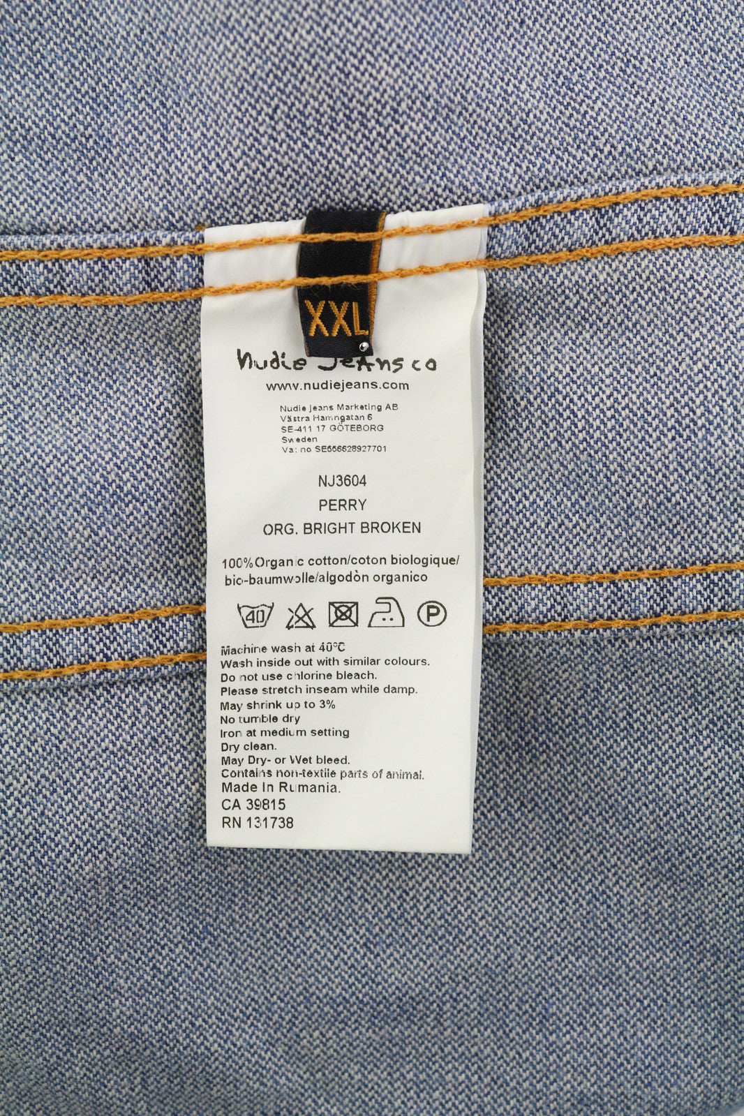 NUDIE Perry vyriška striukė 2XL, ekologiška, ryškiai laužyta, vidutinės mėlynos spalvos, skalbto džinso su sagomis 