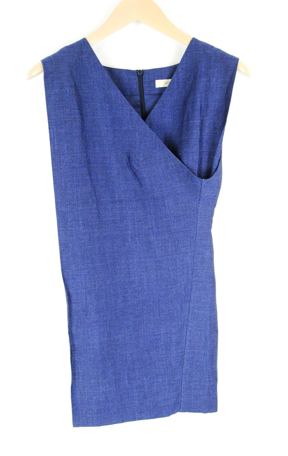 SUISTUDO Orion Womens Top UK8 Sleeveless Blue Linen Wool V-Neck Lined Dress