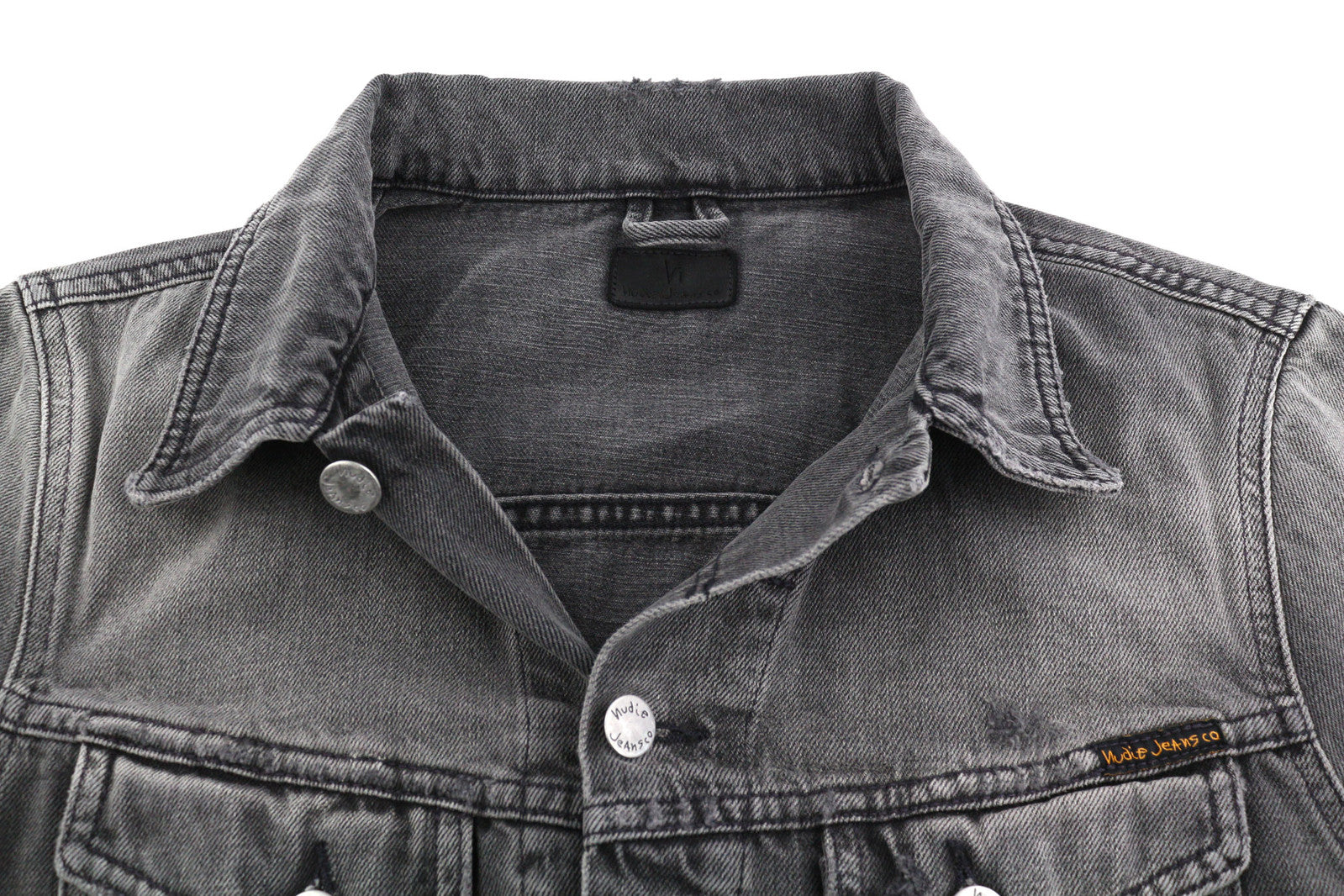 NUDIE Billy vyriška striukė S Shimmering Shist džinsinė, plėšyta, pilka 