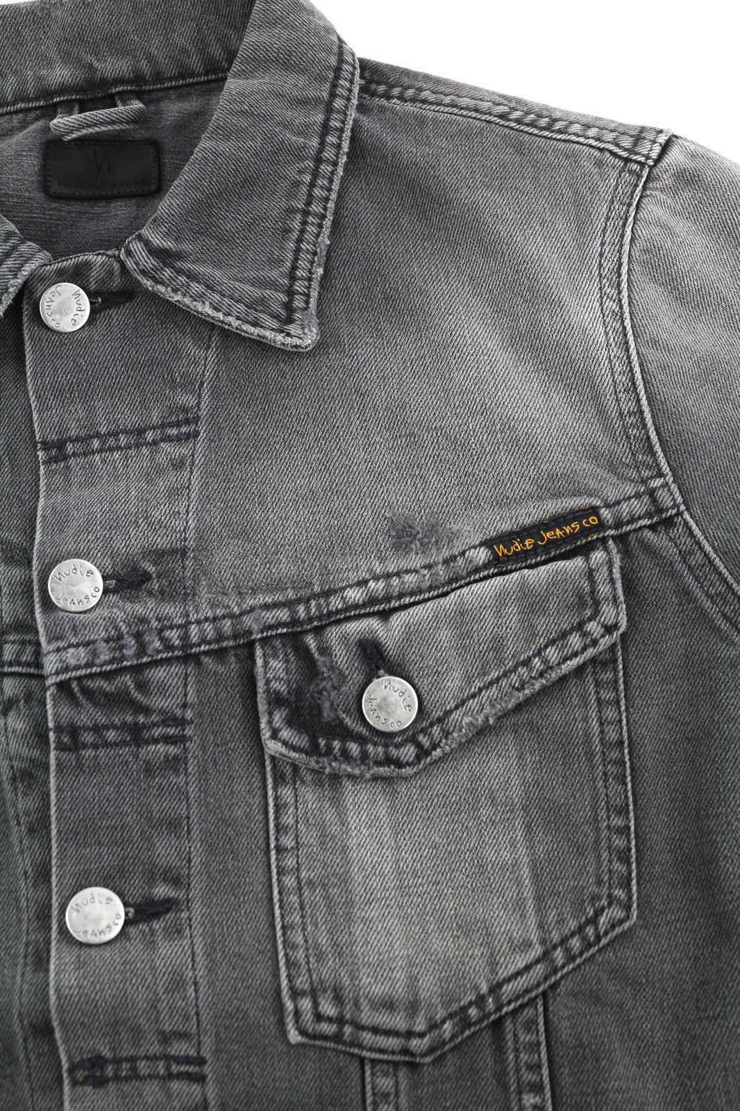 NUDIE Billy vyriška striukė S Shimmering Shist džinsinė, plėšyta, pilka 