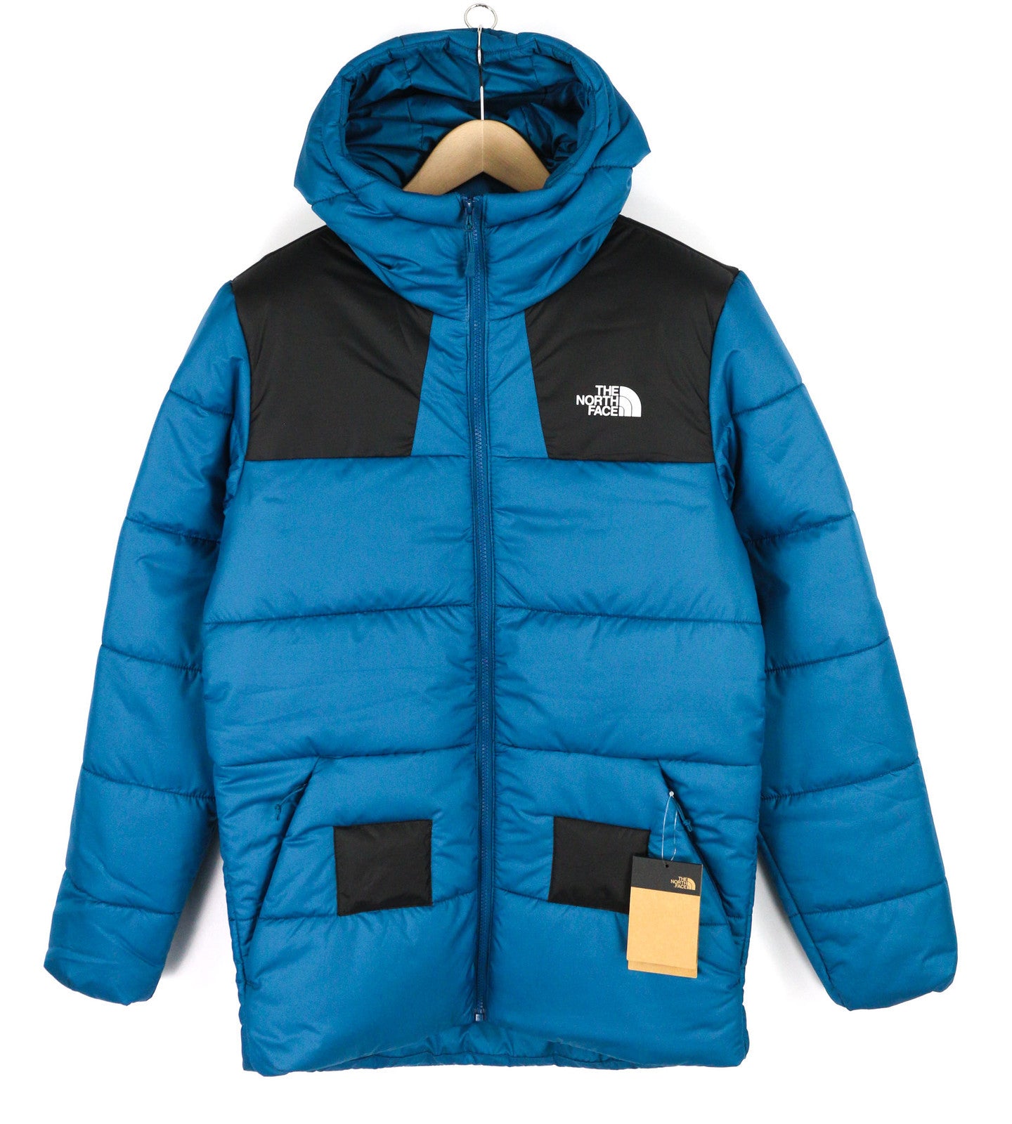 „THE NORTH FACE“ vyriška striukė XS, mėlyna, su pilnu užtrauktuku, izoliacija, gobtuvu, pamušalu ir dygsniuotu logotipu. 