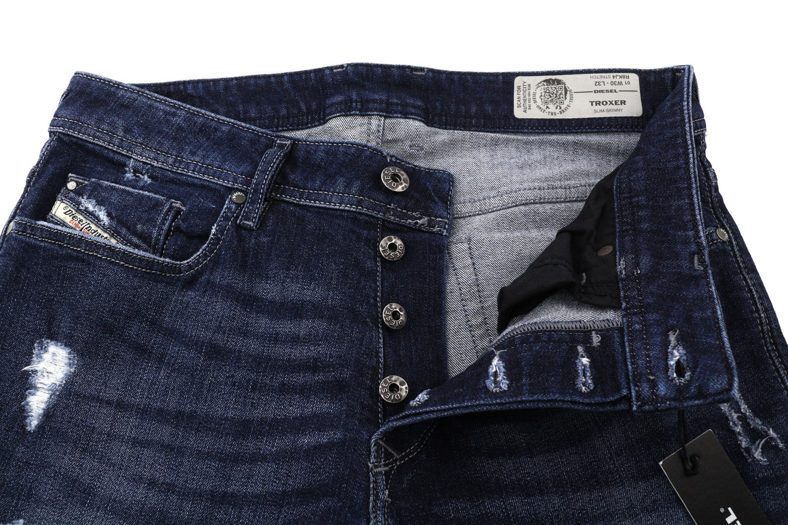 DIESEL Troxer R8KJ4 vyriški džinsai W30/L32 Slim Skinny, tamprūs, skalbti.
