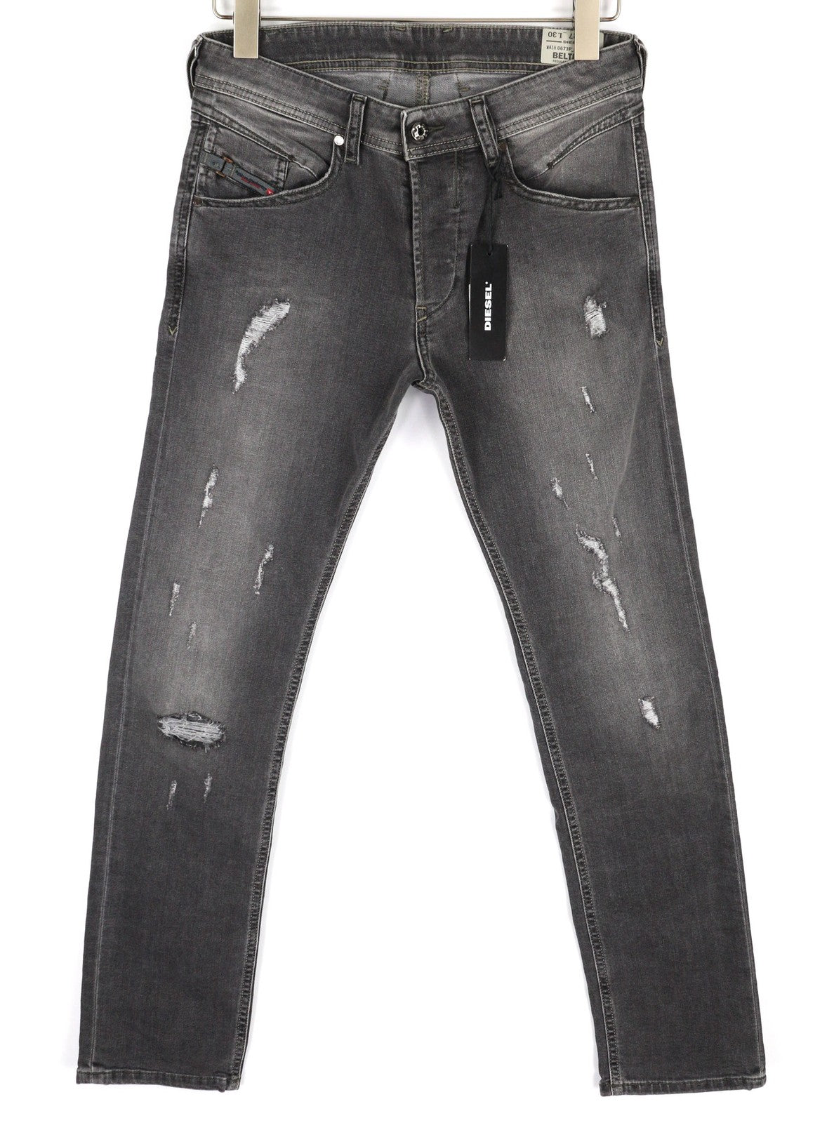 DIESEL Belther 0673P vyriški džinsai W27/L30 Regular Slim Tapered Distress Buttons 