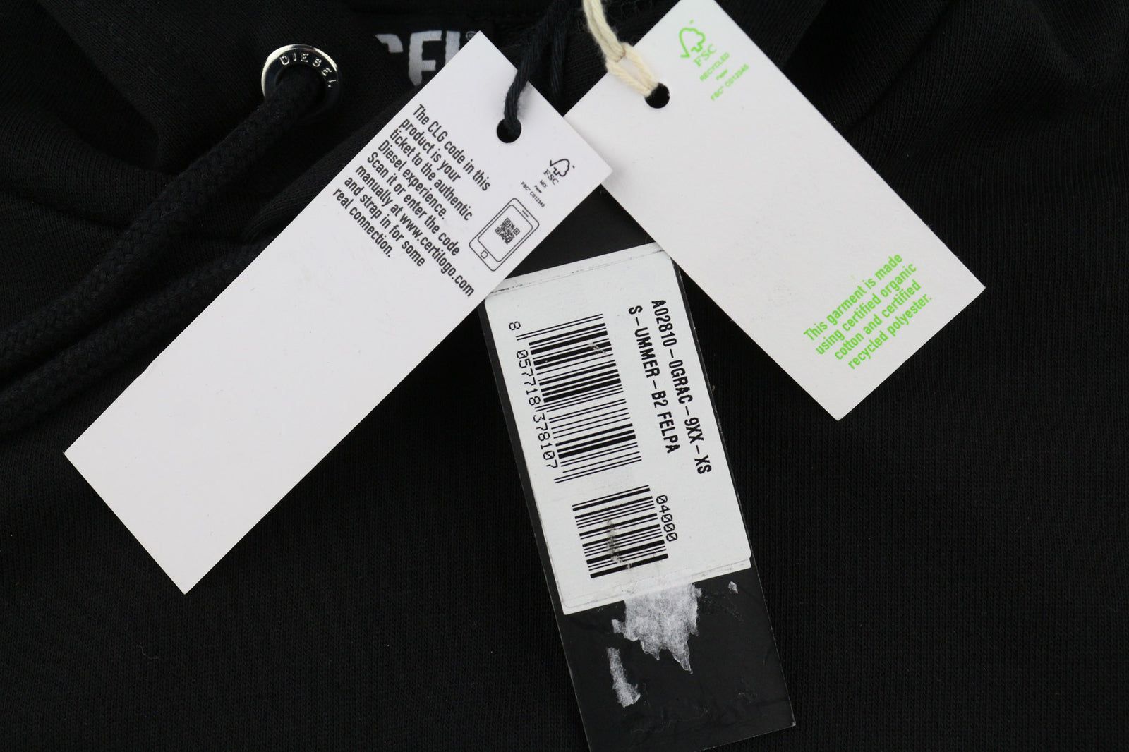 DIESEL S-Ummer-B2 džemperis su gobtuvu XS dydžio, juodas, su kengūros kišene ir gobtuvu. RRP150