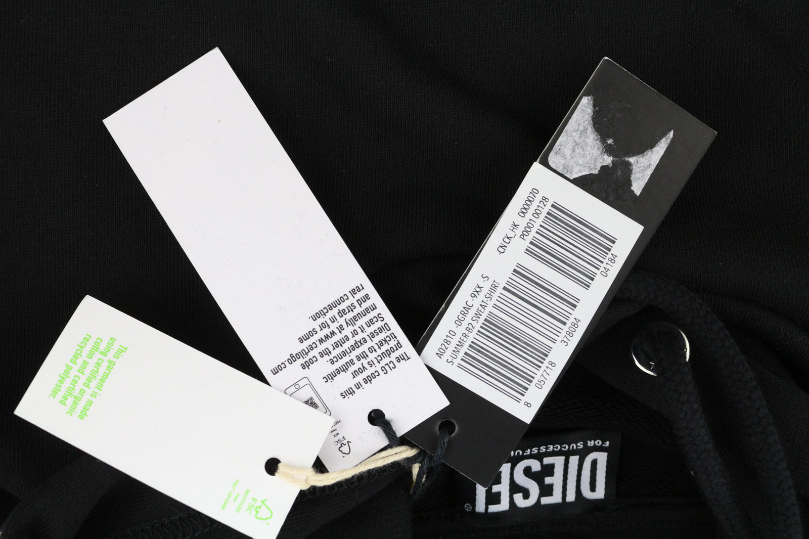 RRP150 DIESEL S-Ummer-B2 džemperis su gobtuvu S dydžio, juodas, megztinis su kengūros kišene, unisex