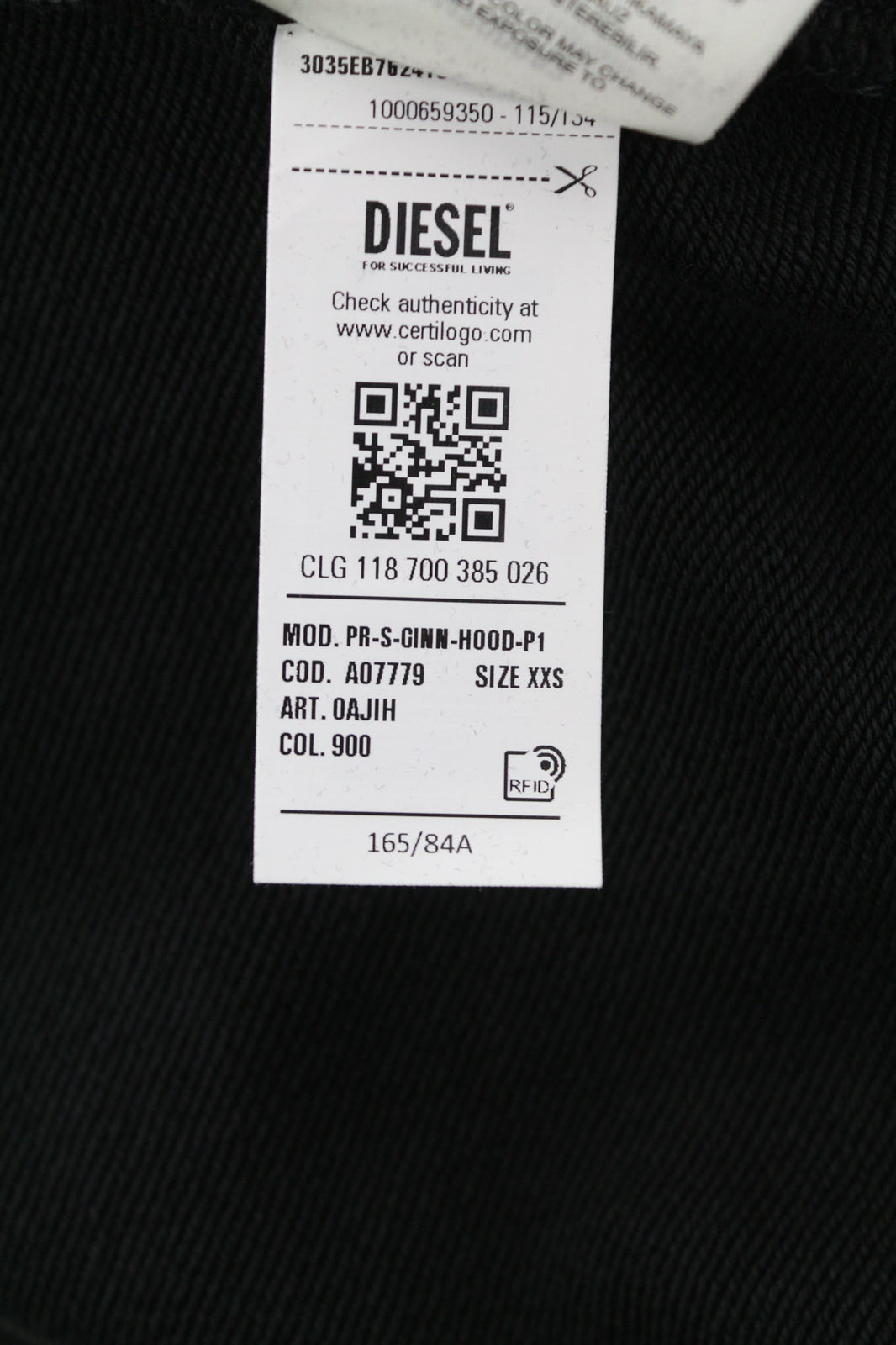 DIESEL PR-Ginn-Hood-P1 džemperis su gobtuvu, 2XS, juodas, megztinis su kengūros kišene, unisex, rekomenduojama kaina – 195 € 