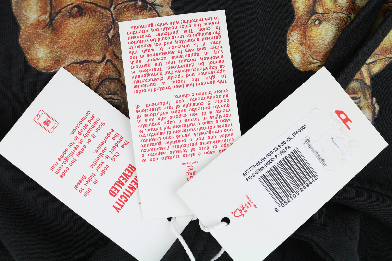 DIESEL PR-Ginn-Hood-P1 džemperis su gobtuvu, 2XS, juodas, megztinis su kengūros kišene, unisex, rekomenduojama kaina – 195 € 