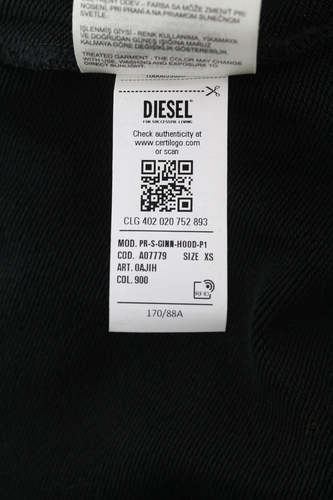 DIESEL PR-Ginn-Hood-P1 džemperis su gobtuvu XS dydžio, juodas, su kengūros kišene ir gobtuvu. RRP195