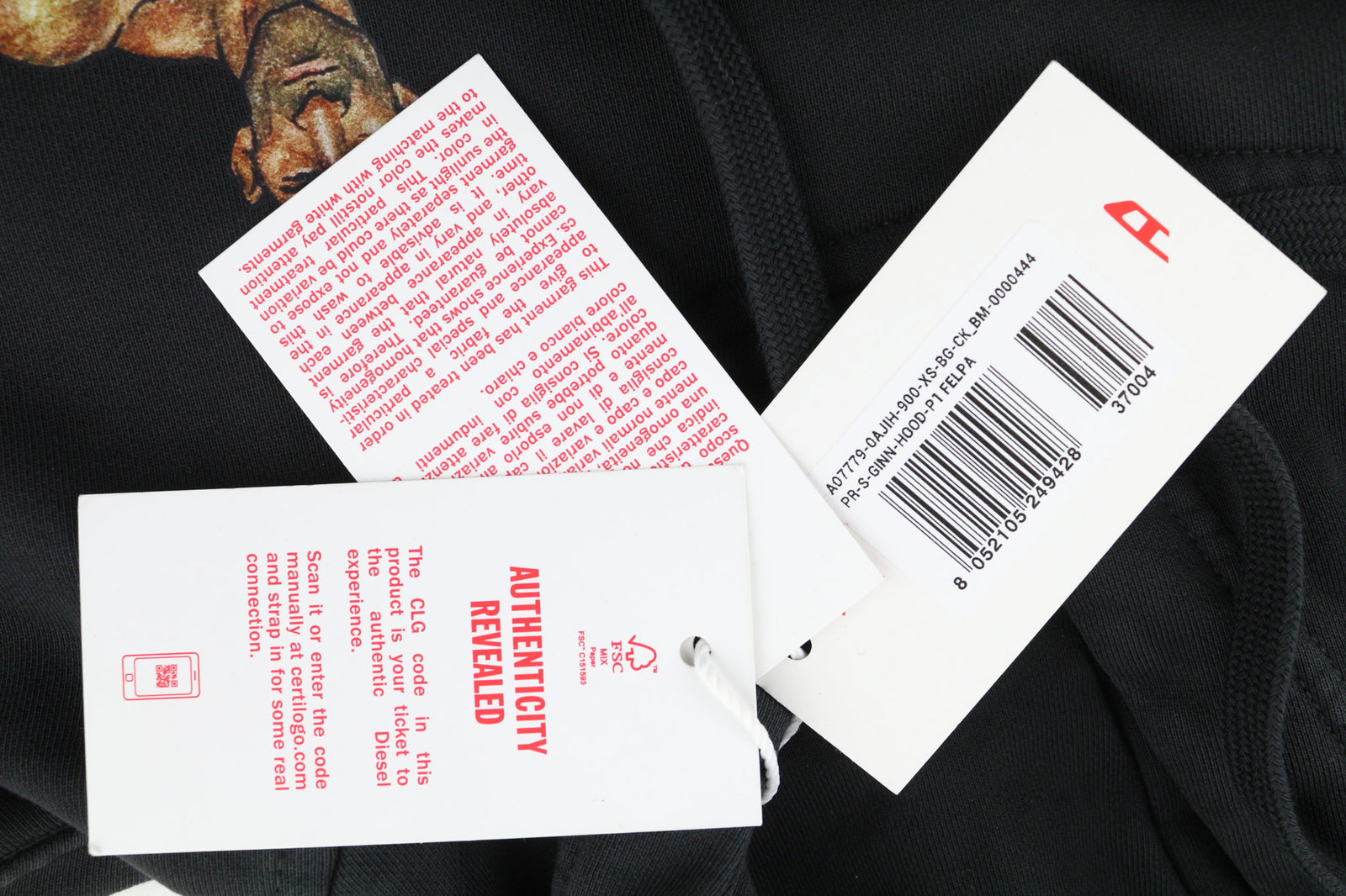 DIESEL PR-Ginn-Hood-P1 džemperis su gobtuvu XS dydžio, juodas, su kengūros kišene ir gobtuvu. RRP195