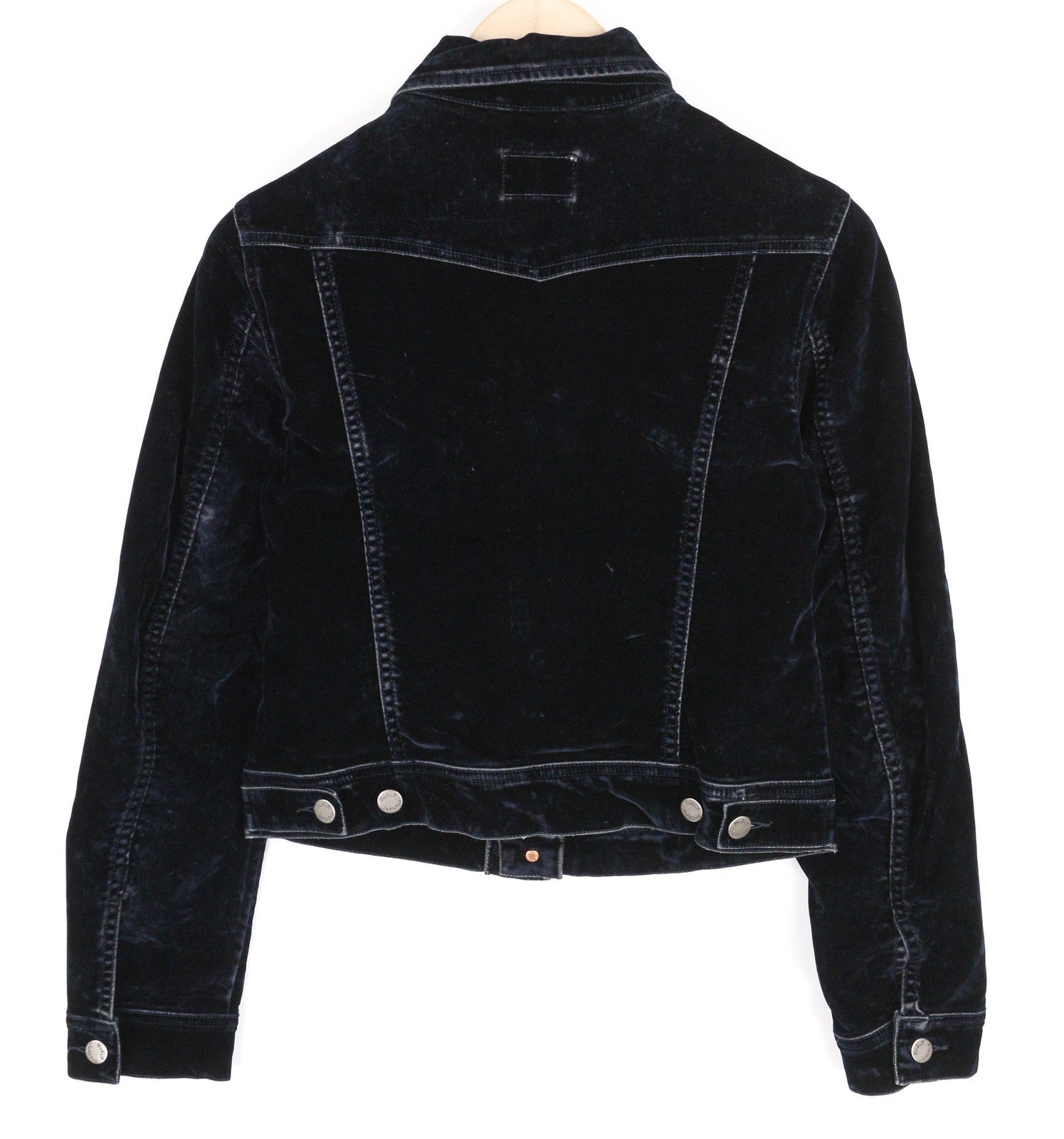 NUDIE Tove moteriška striukė M mėlyna aksominė apykaklė sagomis tamsiai ilgomis rankovėmis logotipas 