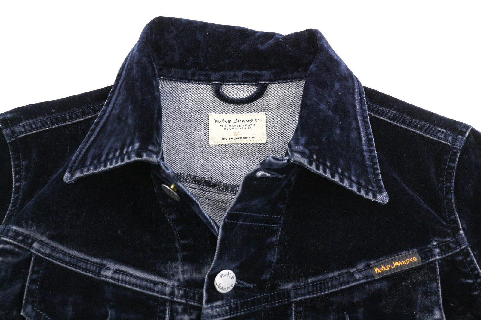 NUDIE Tove moteriška striukė M mėlyna aksominė apykaklė sagomis tamsiai ilgomis rankovėmis logotipas 