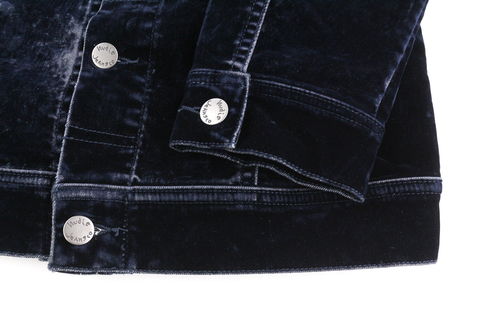 NUDIE Tove moteriška striukė M mėlyna aksominė apykaklė sagomis tamsiai ilgomis rankovėmis logotipas 