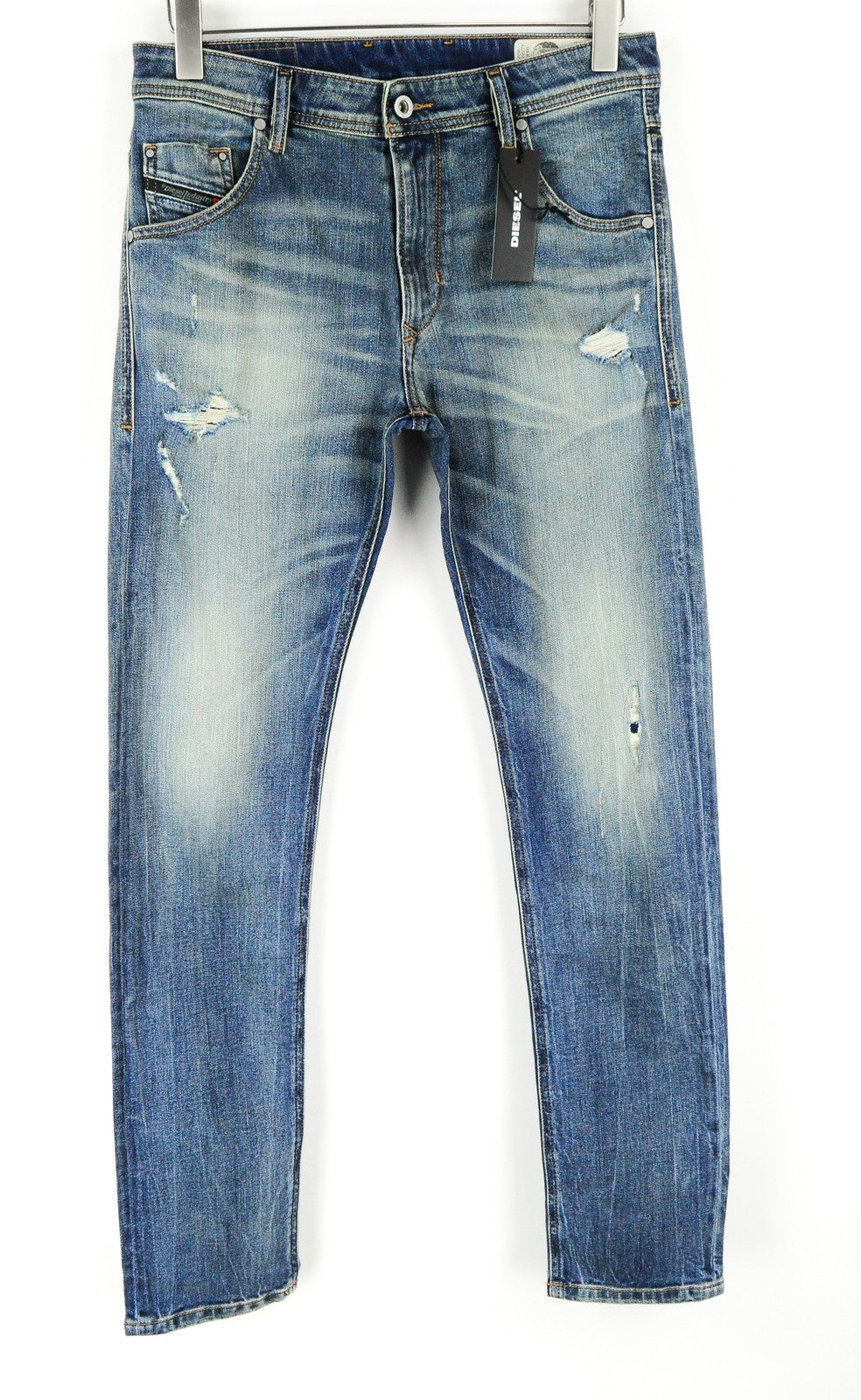DIESEL Krayver R6ZD4 vyriški džinsai W28/L32 morkų dygsniais, prigludę, mėlyni, tamprūs, plėšyti* 