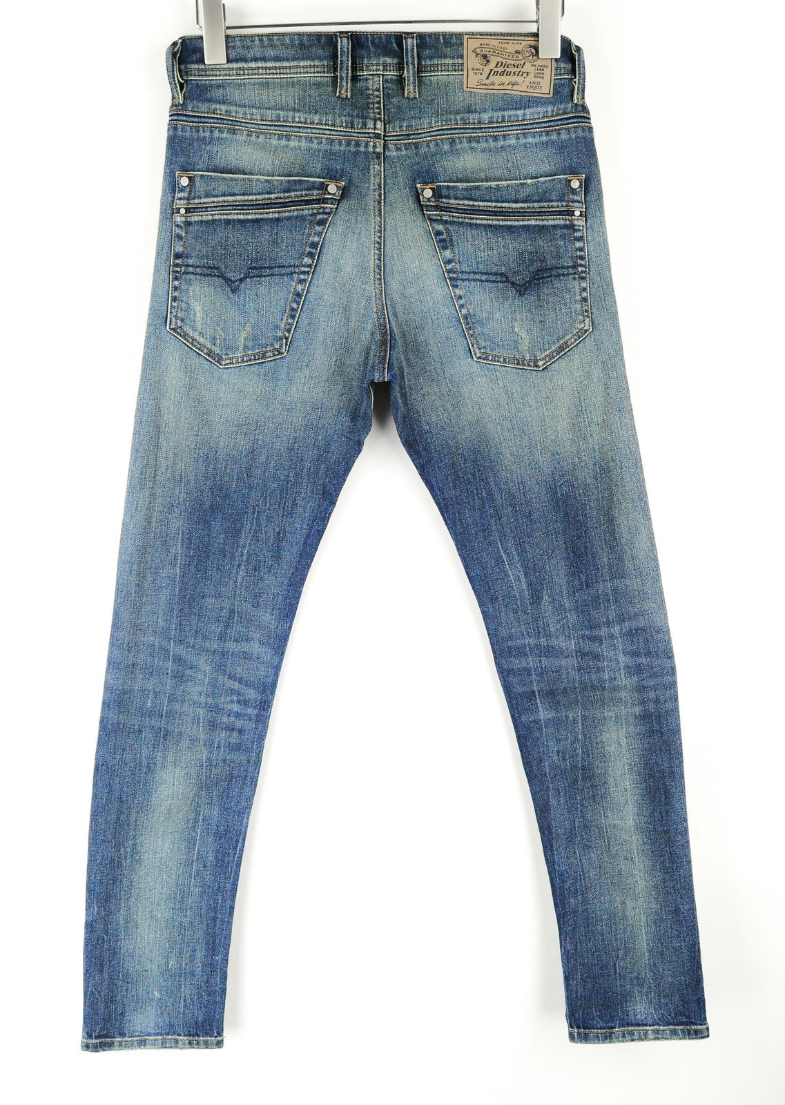 DIESEL Krayver R6ZD4 vyriški džinsai W28/L32 morkų dygsniais, prigludę, mėlyni, tamprūs, plėšyti* 