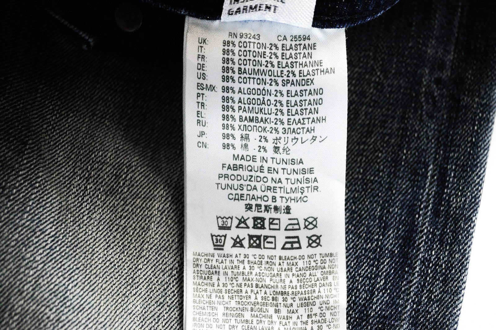 DIESEL Krayver R6ZD4 vyriški džinsai W28/L32 morkų dygsniais, prigludę, mėlyni, tamprūs, plėšyti* 