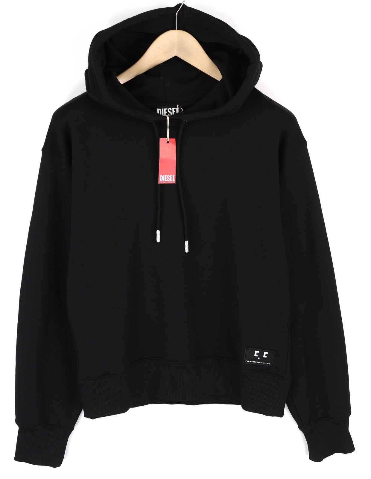 DIESEL F-Lym-Hood moteriškas džemperis su gobtuvu M, juodas, megztinis priekyje, logotipo dirželiai, rekomenduojama kaina – 160 € 
