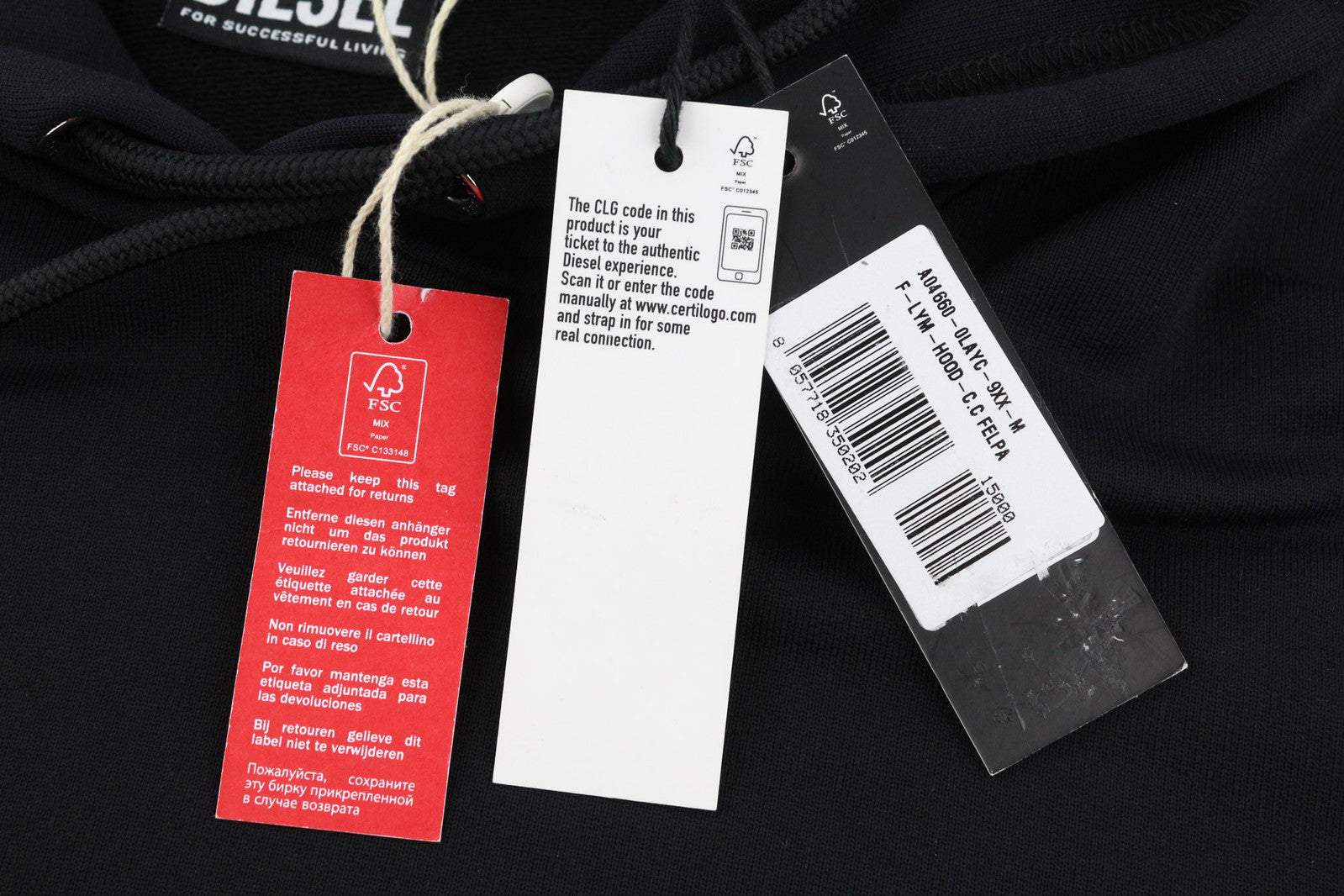 DIESEL F-Lym-Hood moteriškas džemperis su gobtuvu M, juodas, megztinis priekyje, logotipo dirželiai, rekomenduojama kaina – 160 € 