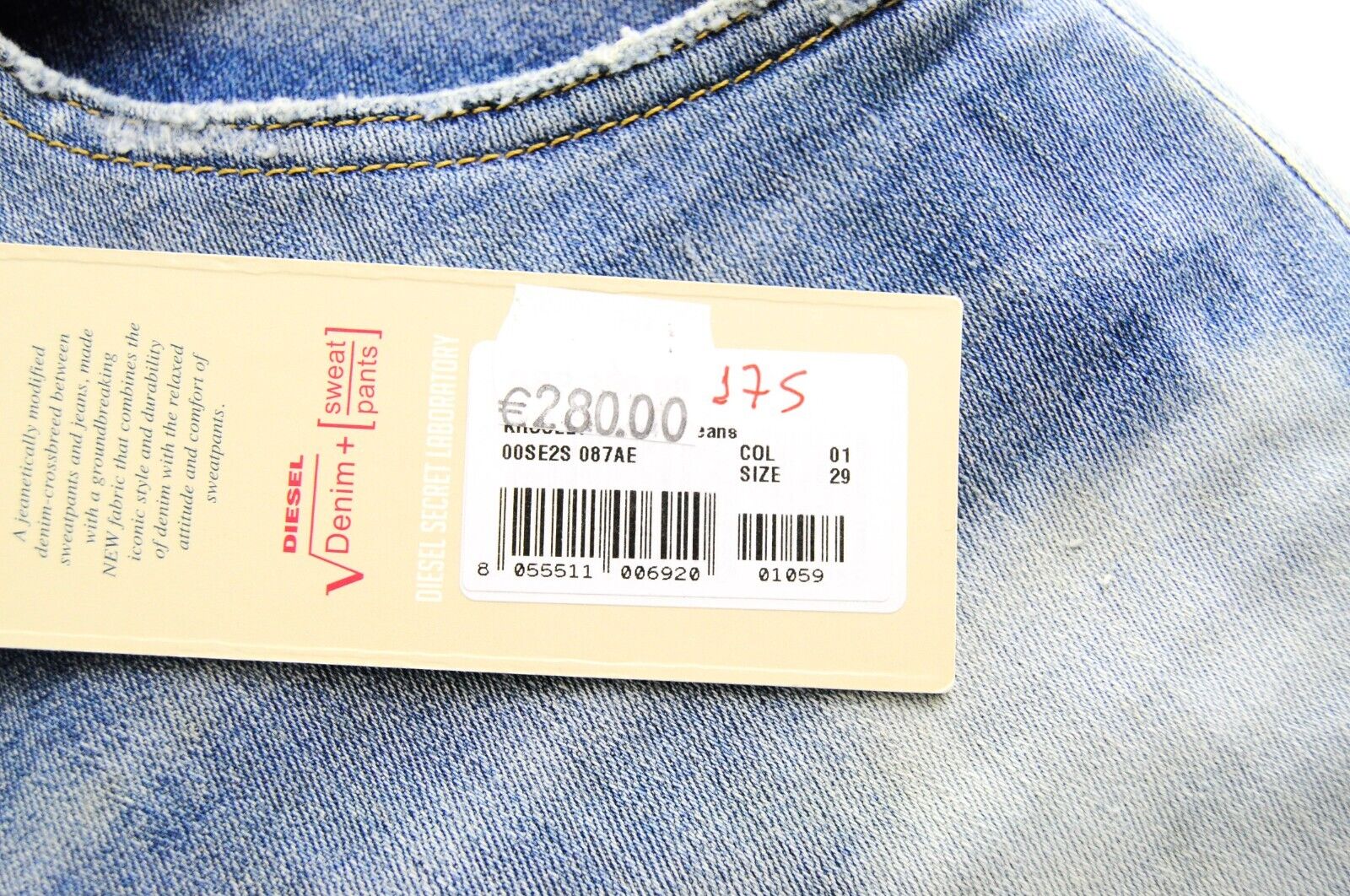 DIESEL Krooley-T 087AE vyriški džinsai W29 Sweat Jogg mėlyni, ploni, skalbti, tamprūs, plėšyti 