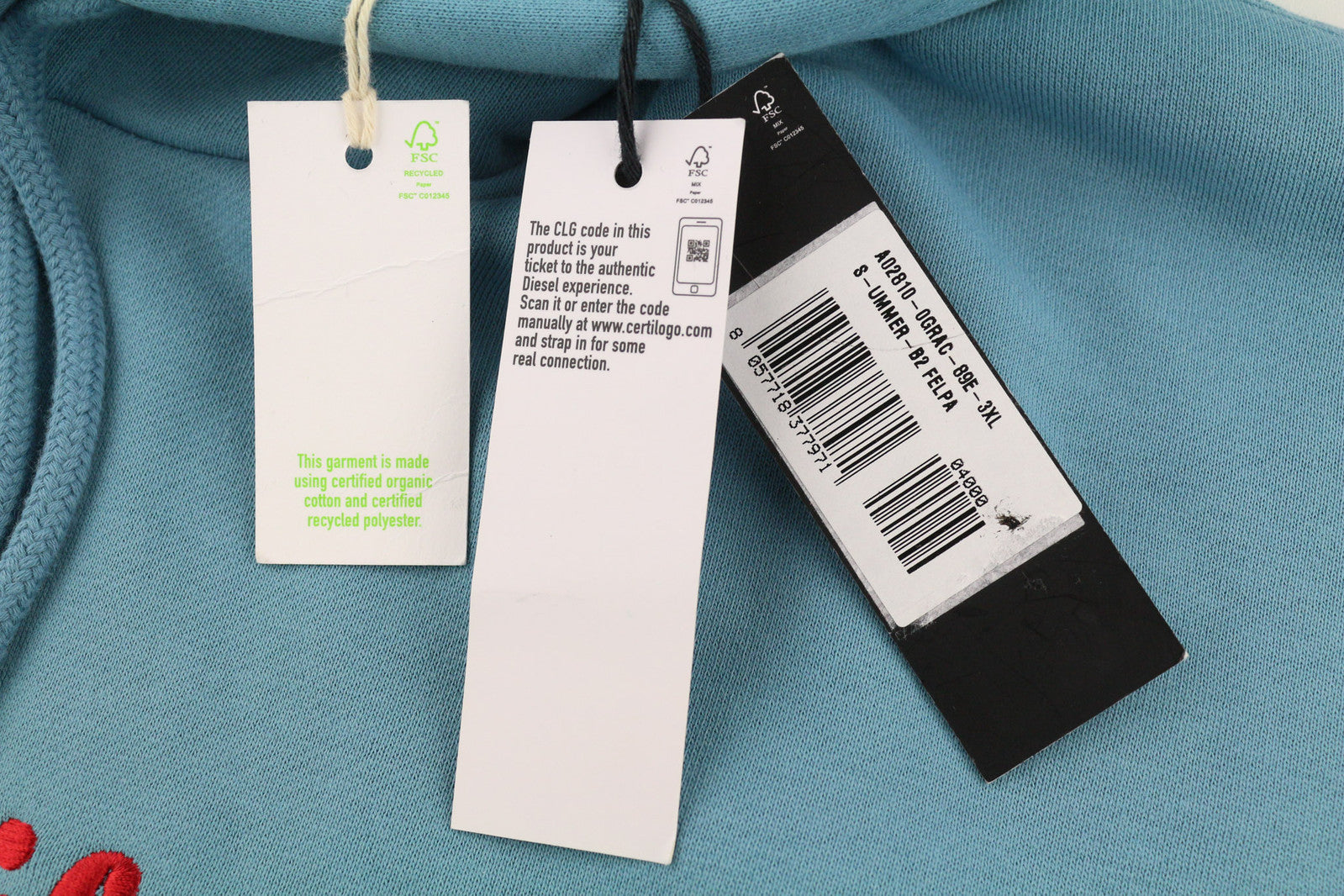 DIESEL S-Ummer-B2 vyriškas džemperis su gobtuvu, 3XL dydžio, mėlynas, megztinis su kengūros kišene, rekomenduojama kaina – 150 €. 