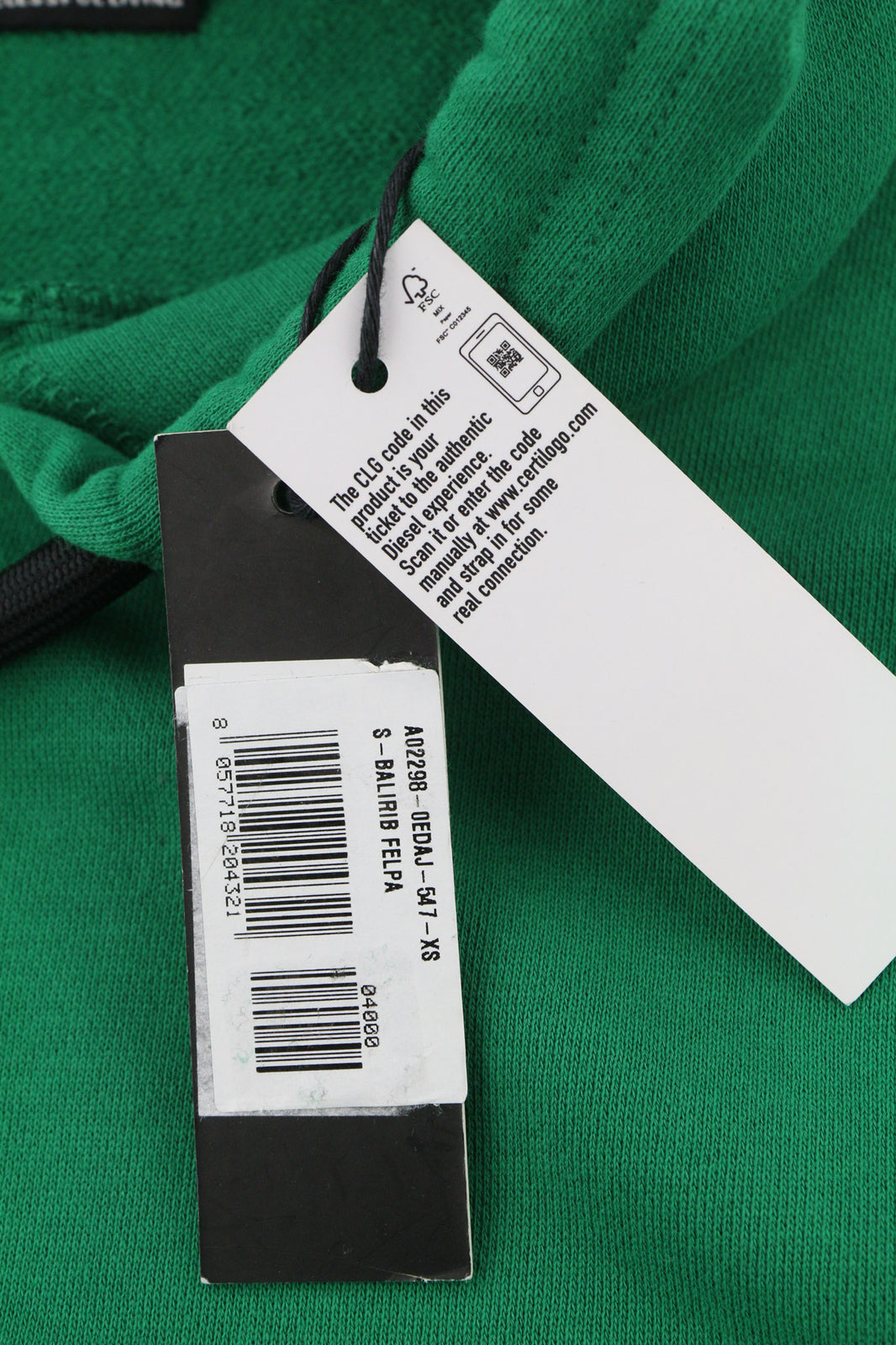 DIESEL S-Balirib unisex džemperis su gobtuvu XS dydžio, žalias, megztinis su kengūros kišenėmis, rekomenduojama kaina – 175 € 