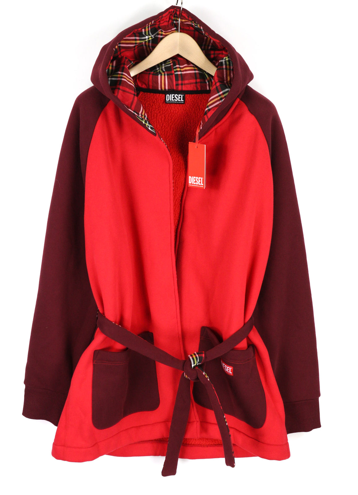 DIESEL Uudg-Jas-Homey moteriškas chalatas XL, unisex, su fliso pamušalu, gobtuvu, kišenėmis ir diržu. 