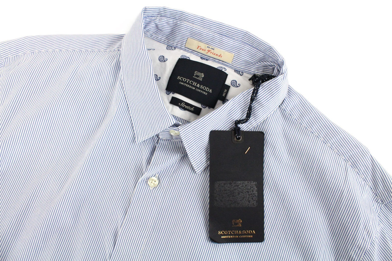 SCOTCH & SODA Ams Couture Shirt 2XL Blue Cotton Slim Fit Striped Formal Stretch