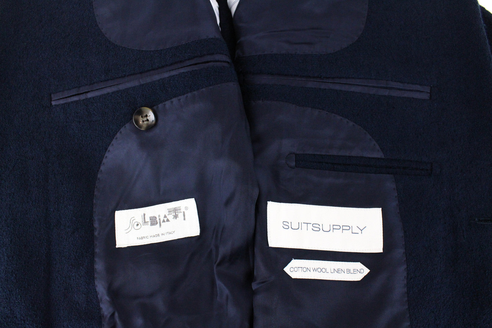 „SUITSUPPLY Havana Patch“ vyriškas švarkas, UK34R, tamsiai mėlynas, medvilnės, vilnos ir lino mišinio, plonas 