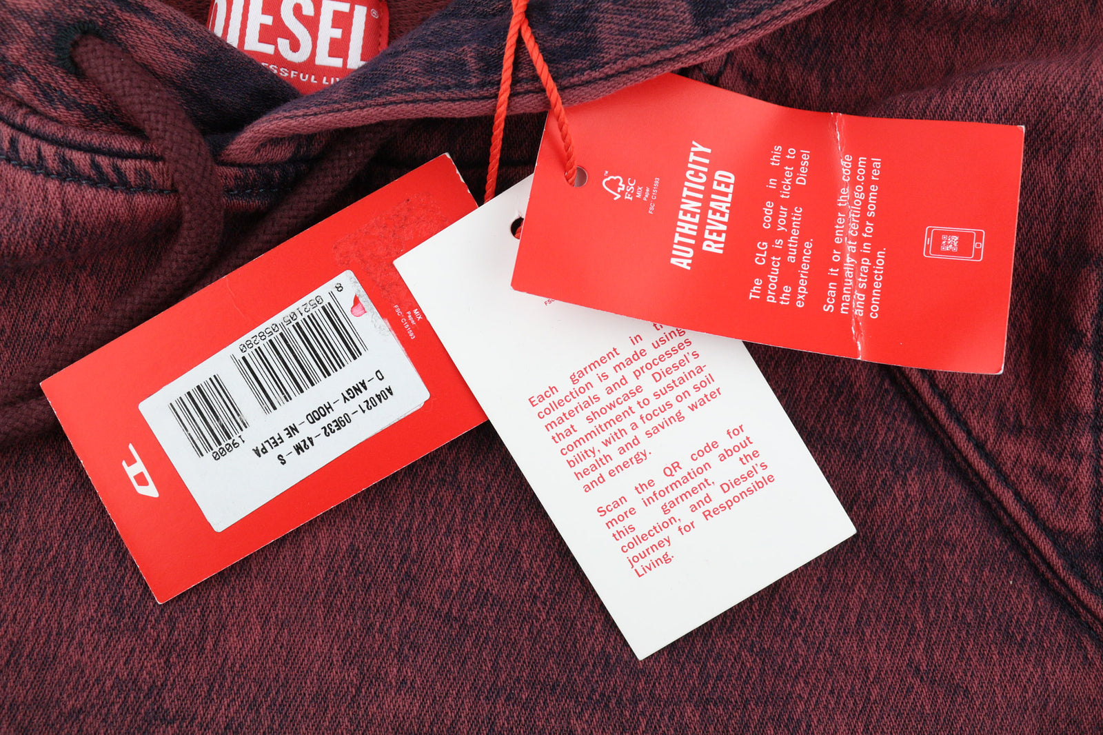 DIESEL D-Angy-Hood NE moteriškas džemperis su gobtuvu S, bordo spalvos, skalbtas megztinis, kengūra, rekomenduojama kaina – 300 € 