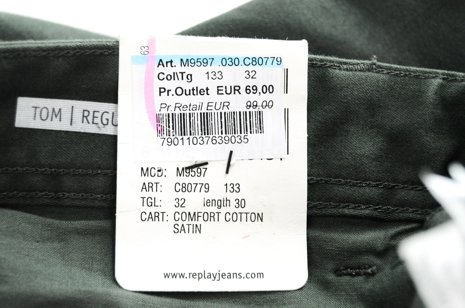 REPLAY Tom Men's Green Cotton Trousers W32/L30 Regular Stretch Slit Pocket