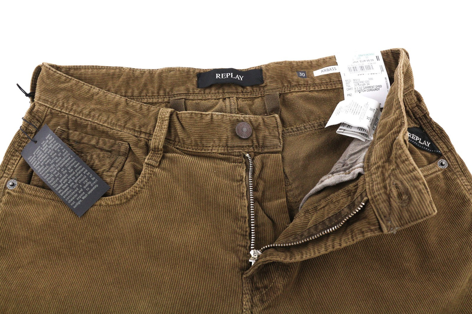 REPLAY Anbass vyriškos kelnės W30/L34 Slim tamprios velveto kelnės su užtrauktuku, rudos 