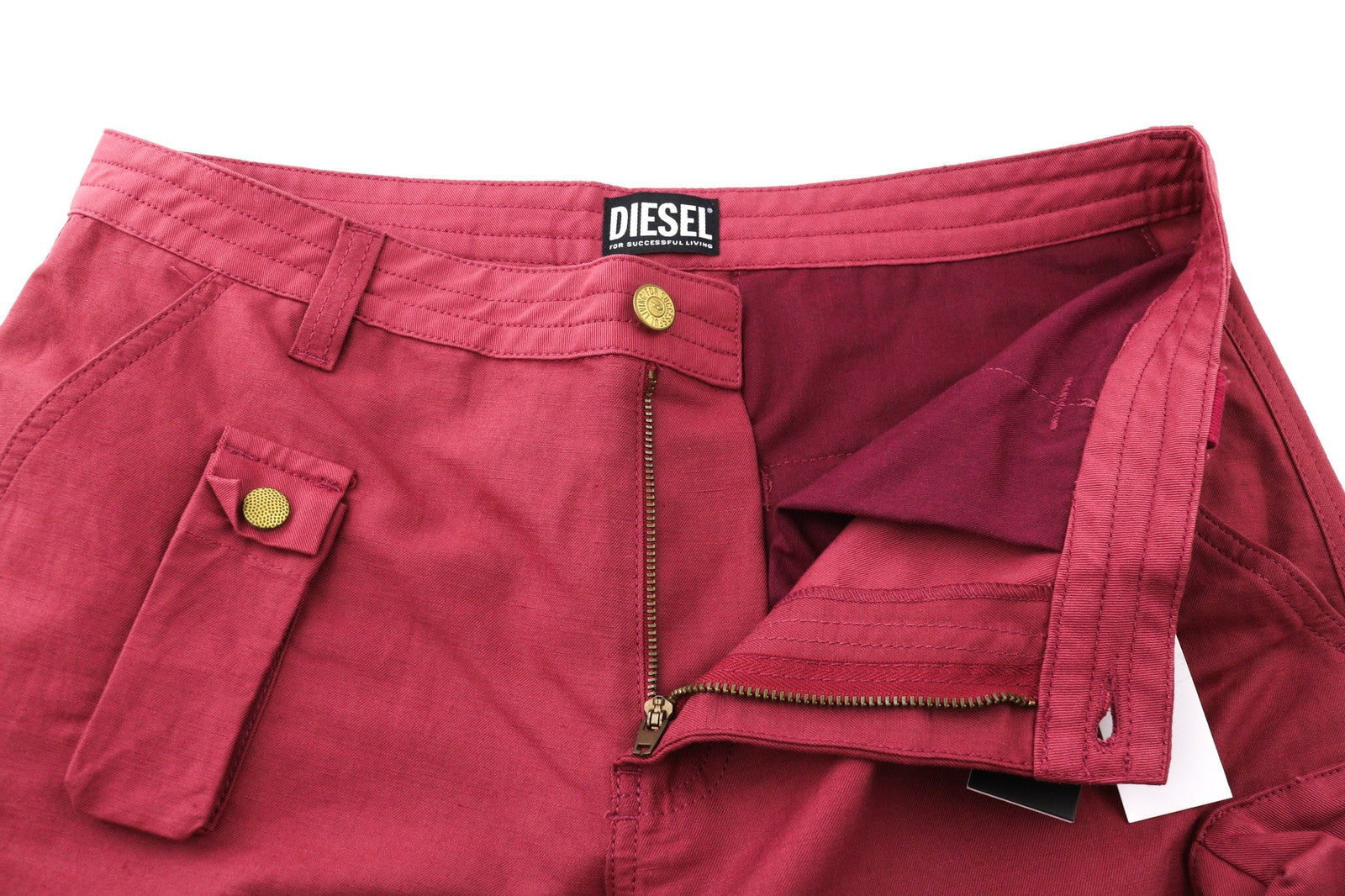 DIESEL P-Giulia moteriškos kelnės W30 Cargo laisvos bordo spalvos lininio audinio mišinio, rekomenduojama kaina – 300 € 