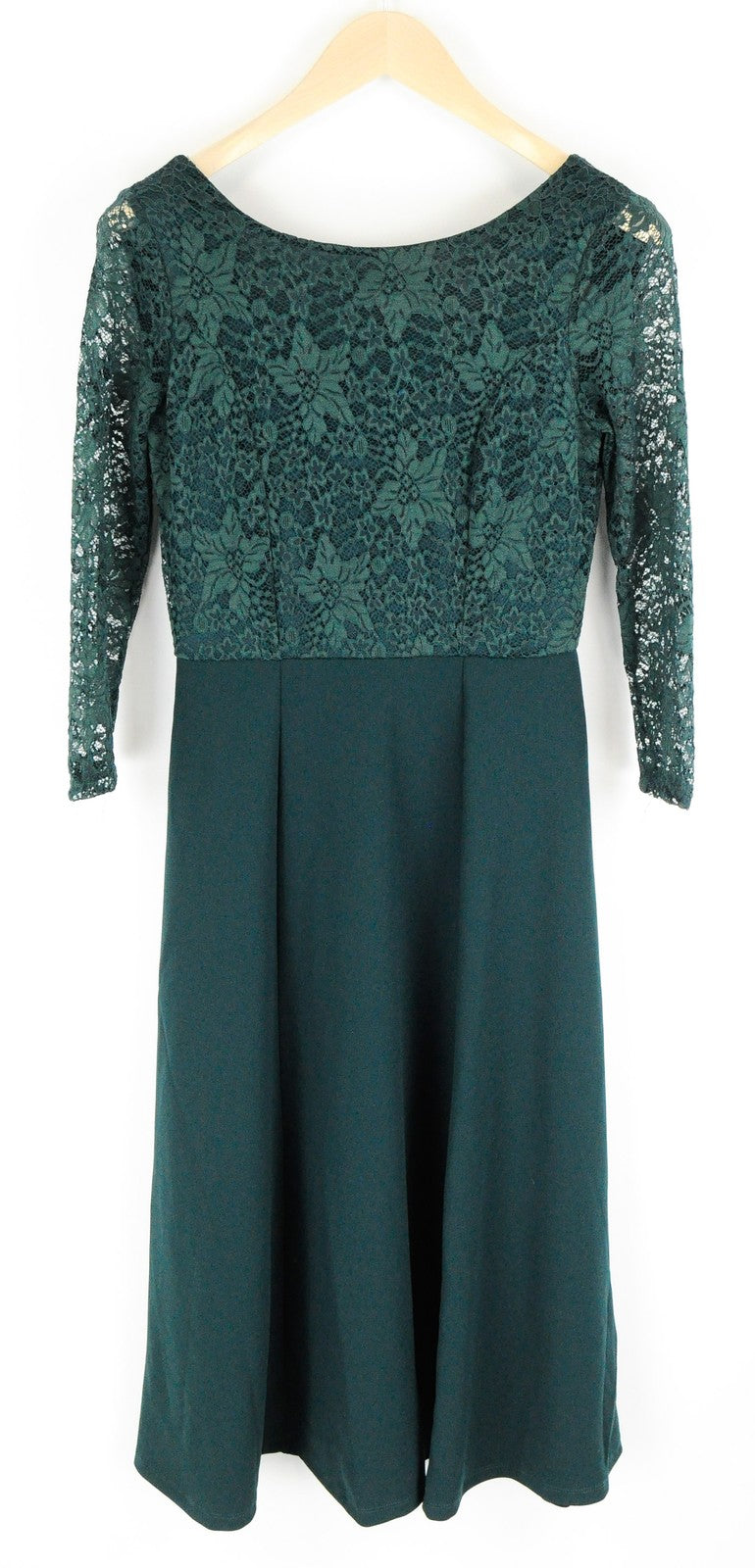 ANNA FIELD Women Dress S Pine Green Pleated Petite Laced Mid-Length Stretch