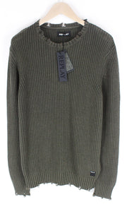 REPLAY vyriškas XL dydžio žalias megztinis medvilninis ilgomis rankovėmis, plėšytas laisvalaikio megztinis 